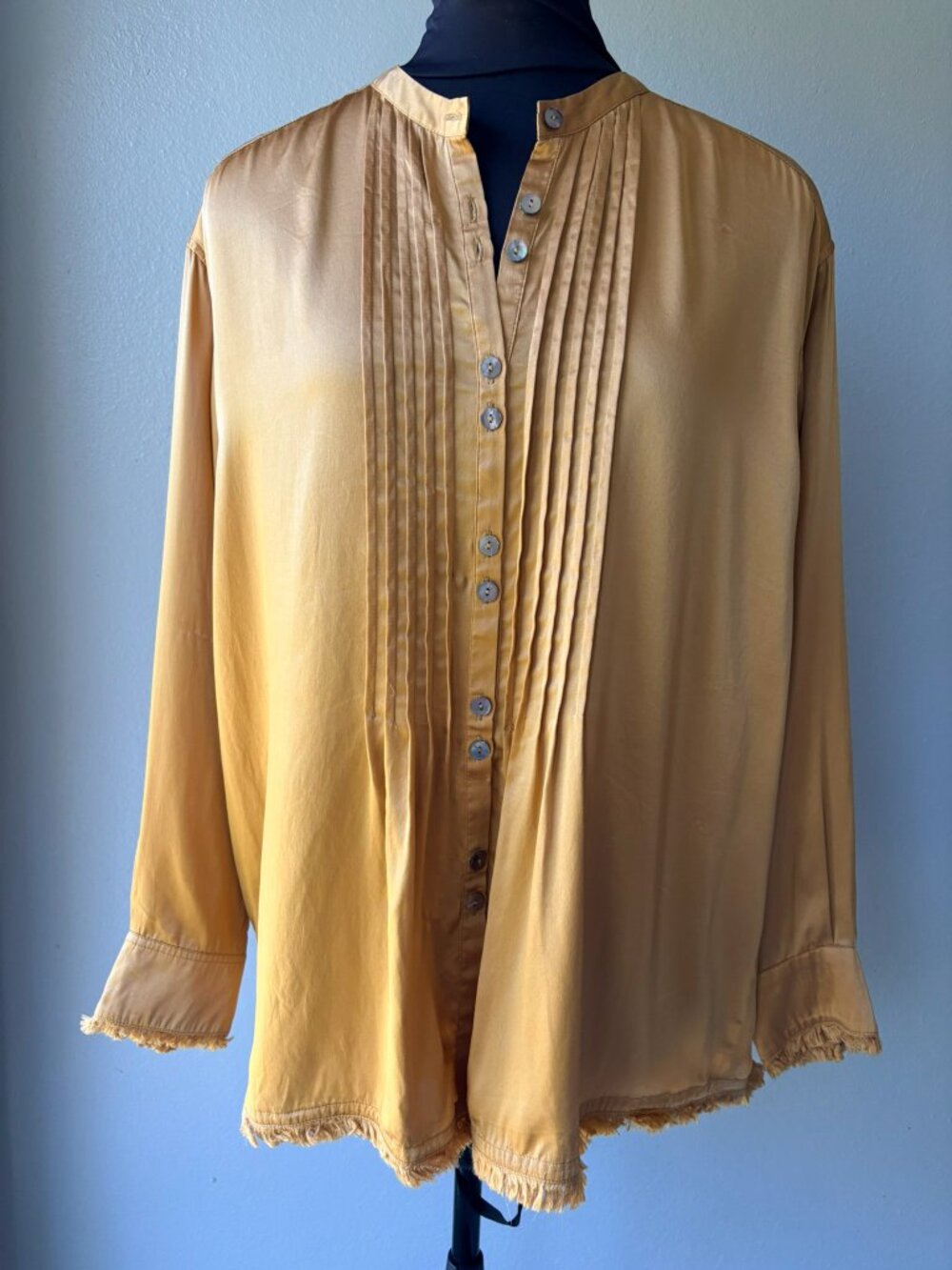 Sundance 100% Silk Pleated Delphine Pintuck Blouse Gold Fringe Boho Top M Flawed